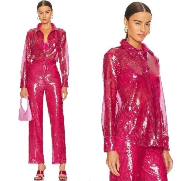 REVOLVE More To Come Sequin Two-Piece Pant Set Hot Pink Small NWOT - Picture 1 of 12